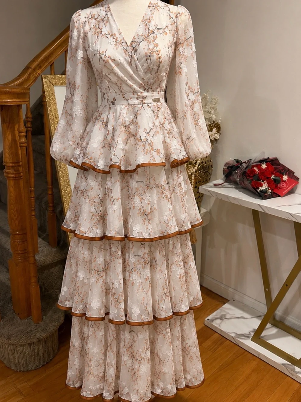 Girls White Floral Ruffle Dress with Brown Trim